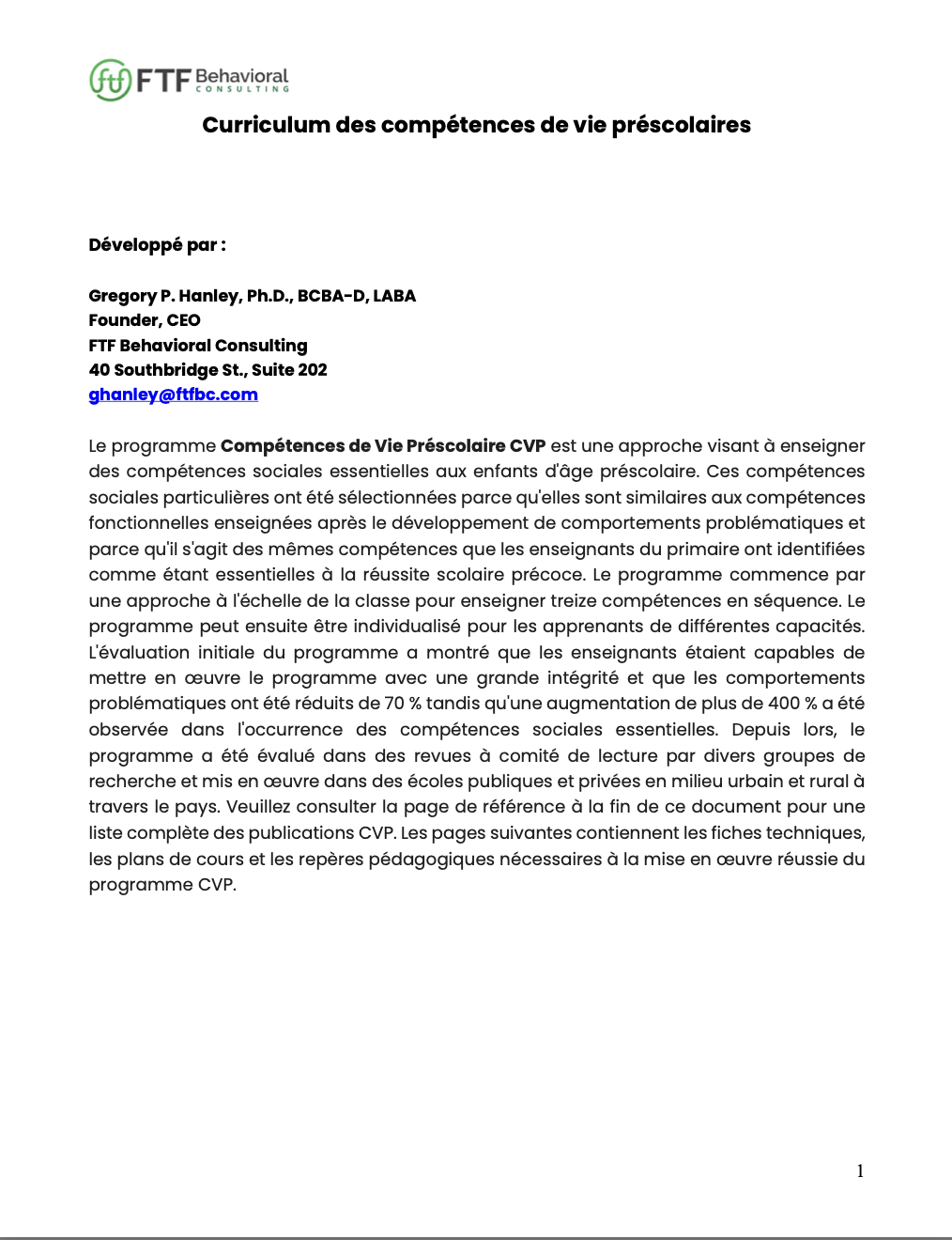 Traduction en français du Curriculum des compétences de vie préscolaires